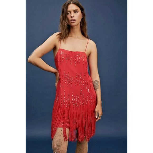 Free People Crystal Clear Mini Fringe Sequin Dress Fiery Red - Picture 1 of 8